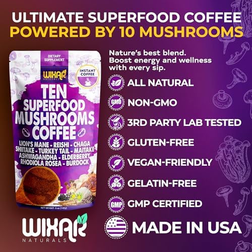 Café de Hongo Superfood WIXAR - Café Instantáneo en Polvo, 10 Extractos de Superalimentos con Melena de León, Cola de Pavo, Reishi, Chaga, Shiitake, - imagen 4