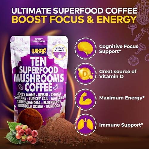 Café de Hongo Superfood WIXAR - Café Instantáneo en Polvo, 10 Extractos de Superalimentos con Melena de León, Cola de Pavo, Reishi, Chaga, Shiitake, - imagen 5