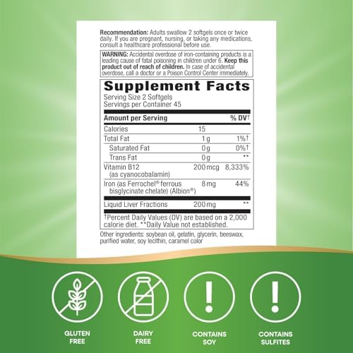 Nature's Way Hierro Energizante - Apoyo a Glóbulos Rojos - 8 mg de Hierro, 200 mcg de Cianocobalamina y Vitamina B12 por 2 Cápsulas Blandas - Sin - imagen 5