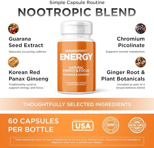 Suplemento Natural de Energía y Concentración Awakening con Ginseng Panax, Extracto de Guaraná y Picolinato de Cromo | Suplemento para el Cerebro - - imagen 2
