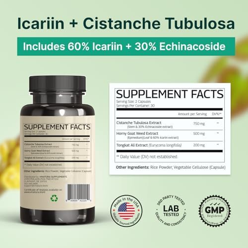 Suplemento de Cistanche VINATURA con Hierba Cabra 60% Icariina - 1250mg por Porción, Cistanche Tubulosa, Energía y Fuerza para Hombres - 60 Cápsulas, - imagen 2
