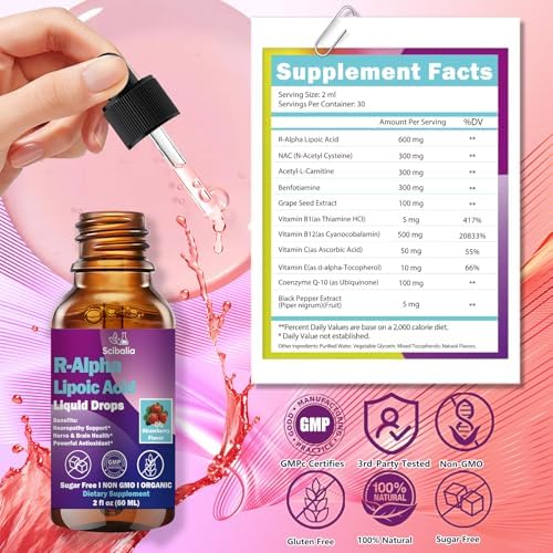 R Ácido Lipoico R 600mg Gotas Líquidas para Neuropatía, Suplemento Avanzado 11-en-1 con Benfotiamina, Acetil L-Carnitina y Vitamina C E para Salud - imagen 8