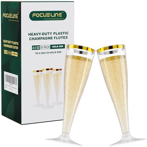 FOCUSLINE 50 Piezas de Copas de Champagne de Plástico, Vasos Desechables de 4.5 Oz con Bisel Dorado para Vino, Cócteles y Mimosas, Ideales para - imagen 1