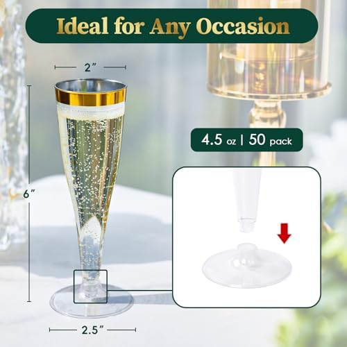FOCUSLINE 50 Piezas de Copas de Champagne de Plástico, Vasos Desechables de 4.5 Oz con Bisel Dorado para Vino, Cócteles y Mimosas, Ideales para - imagen 2