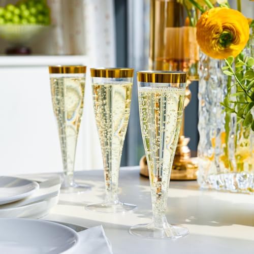 FOCUSLINE 50 Piezas de Copas de Champagne de Plástico, Vasos Desechables de 4.5 Oz con Bisel Dorado para Vino, Cócteles y Mimosas, Ideales para - imagen 5