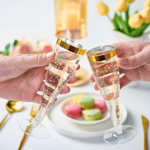 FOCUSLINE 50 Piezas de Copas de Champagne de Plástico, Vasos Desechables de 4.5 Oz con Bisel Dorado para Vino, Cócteles y Mimosas, Ideales para - imagen 8