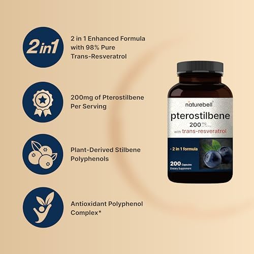 NatureBell Pterostilbeno 200 mg por Porción con Trans-Resveratrol – 200 Cápsulas – Fórmula Antioxidante 2 en 1 – Sin OGM - imagen 3