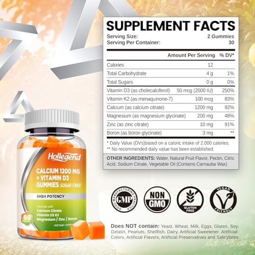 Gomitas de Calcio HOLLEGEND 1200 mg con Vitamina D3, Citrato de Calcio, Magnesio, Zinc, Vitamina K2 y Boro, Salud Ósea, Sin Azúcar, 60 Unidades - imagen 2