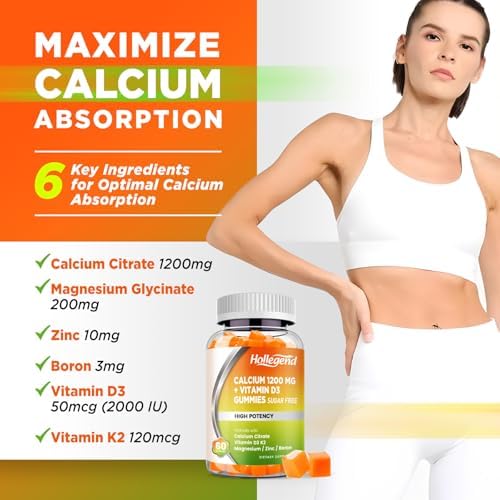 Gomitas de Calcio HOLLEGEND 1200 mg con Vitamina D3, Citrato de Calcio, Magnesio, Zinc, Vitamina K2 y Boro, Salud Ósea, Sin Azúcar, 60 Unidades - imagen 3
