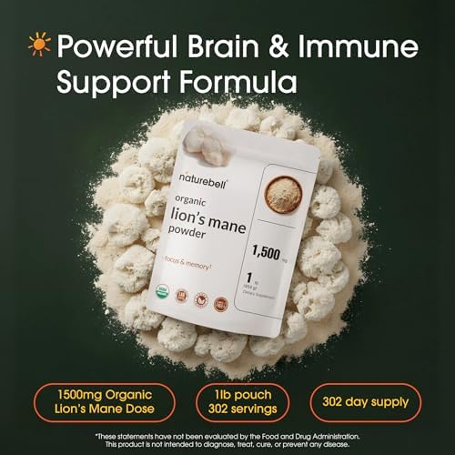 NatureBell Polvo Orgánico de Melena de León 1,500mg - 1 lb - Apoyo para el Cerebro, Enfoque y Memoria* - Cuerpo Frutal Completo y Micelio - Sin OGM y - imagen 2