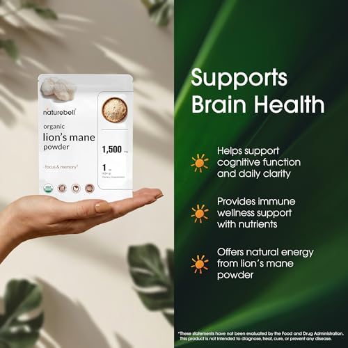NatureBell Polvo Orgánico de Melena de León 1,500mg - 1 lb - Apoyo para el Cerebro, Enfoque y Memoria* - Cuerpo Frutal Completo y Micelio - Sin OGM y - imagen 4