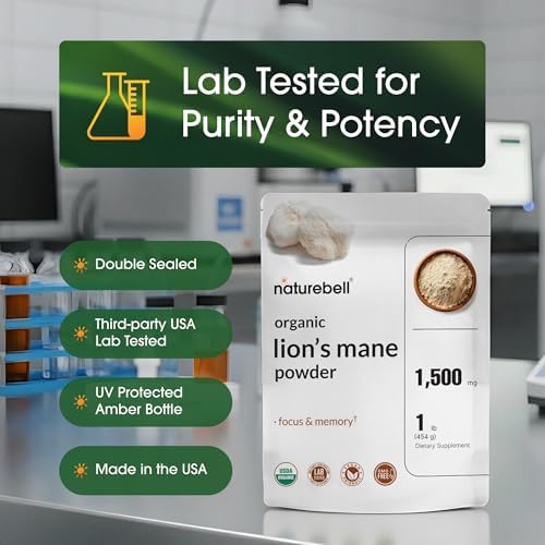 NatureBell Polvo Orgánico de Melena de León 1,500mg - 1 lb - Apoyo para el Cerebro, Enfoque y Memoria* - Cuerpo Frutal Completo y Micelio - Sin OGM y - imagen 5