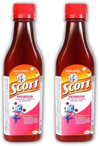 Yahve - Emulsión Scott de Aceite de Hígado de Bacalao Sabor Cereza - Pack de 2 x 180 ml - Suplemento Dietético Infantil con Vitamina A y Calcio - imagen 1
