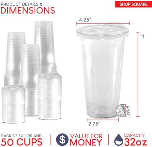 Paquete de 50 Vasos Plásticos de 32 oz con Tapas Sin Popote - Vasos Desechables Transparentes para Café Frío, Boba, Té de Leche, Batidos y Jugos - imagen 4