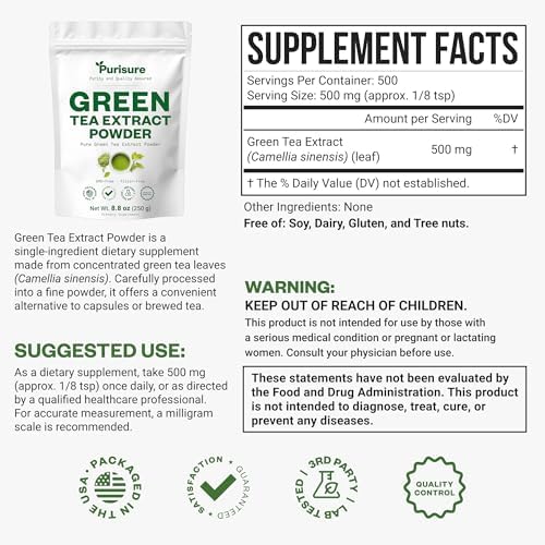 Purusure Té Verde en Polvo Sin Azúcar de Hoja Verde Premium, Vegano, Antioxidante, Ideal para Lattes y Smoothies, 500 Porciones - imagen 2