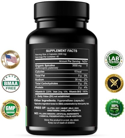 Cápsulas de Espirulina en Polvo 3000 mg - Alga Azul Verde No Irradiada - Mejor Proteína Vegana Cruda - Superalimento Verde - Multivitaminas Naturales - imagen 2