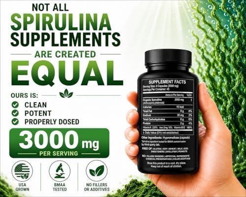 Cápsulas de Espirulina en Polvo 3000 mg - Alga Azul Verde No Irradiada - Mejor Proteína Vegana Cruda - Superalimento Verde - Multivitaminas Naturales - imagen 3