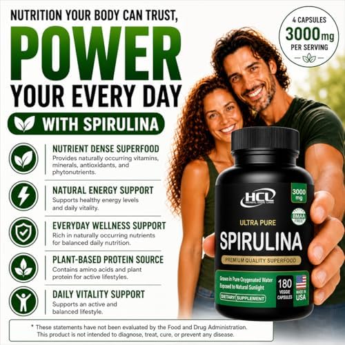 Cápsulas de Espirulina en Polvo 3000 mg - Alga Azul Verde No Irradiada - Mejor Proteína Vegana Cruda - Superalimento Verde - Multivitaminas Naturales - imagen 8