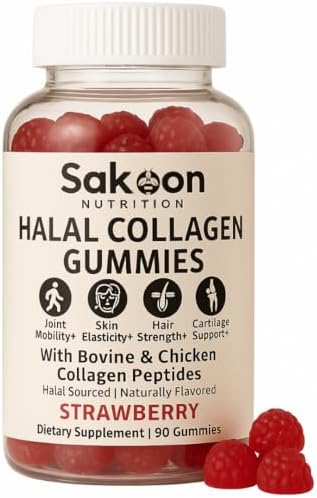 Gomitas de colágeno Halal Sakoon | Colágeno tipo I, II y III para hombres y mujeres | 90 gomitas de fresa para cabello, piel, articulaciones y uñas | - imagen 1