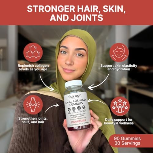 Gomitas de colágeno Halal Sakoon | Colágeno tipo I, II y III para hombres y mujeres | 90 gomitas de fresa para cabello, piel, articulaciones y uñas | - imagen 4
