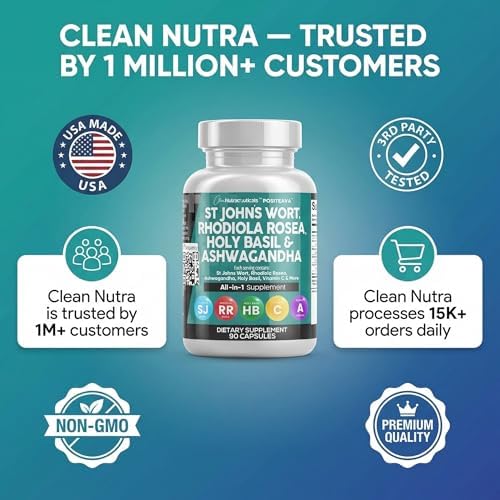 Clean Nutraceuticals St Johns Wort, Rhodiola Rosea, Albahaca Sagrada y Ashwagandha - Soporte para el Ánimo con Vitamina C y Extracto de Pimienta - imagen 8