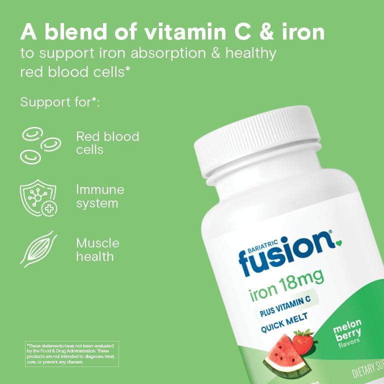 Suplemento de Hierro Bariatric Fusion para Mujeres | Tabletas Masticables Rápidas Sin Azúcar | 18 mg de Hierro con Vitamina C | Sabor Melón y Berries - imagen 2