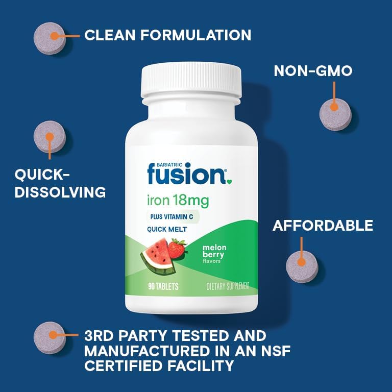 Suplemento de Hierro Bariatric Fusion para Mujeres | Tabletas Masticables Rápidas Sin Azúcar | 18 mg de Hierro con Vitamina C | Sabor Melón y Berries - imagen 3