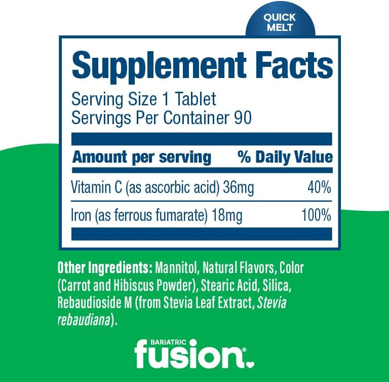 Suplemento de Hierro Bariatric Fusion para Mujeres | Tabletas Masticables Rápidas Sin Azúcar | 18 mg de Hierro con Vitamina C | Sabor Melón y Berries - imagen 4