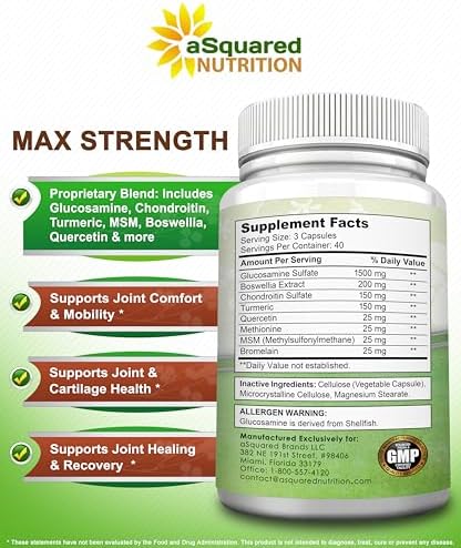 Suplemento Natural aSquared Nutrition de Glucosamina, Condroitina, Cúrcuma, MSM y Boswellia - 120 Cápsulas - Apoyo para Articulaciones y Alivio para - imagen 6