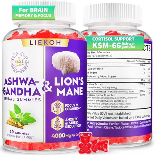 Gomitas de Ashwagandha Orgánicas - Gomitas de Ashwagandha y Melena de León para Adultos con 4 Hierbas Adaptógenas para Estrés, Cognición e Inmunidad - imagen 1