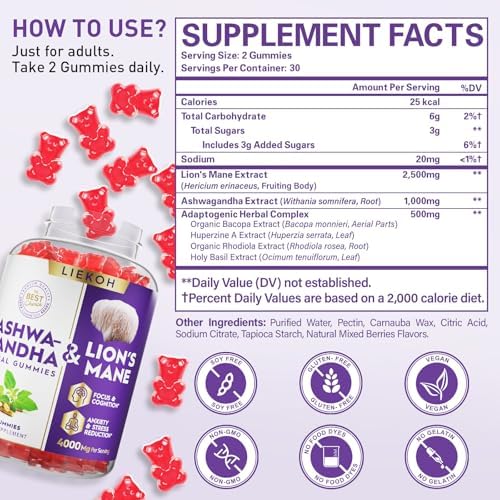 Gomitas de Ashwagandha Orgánicas - Gomitas de Ashwagandha y Melena de León para Adultos con 4 Hierbas Adaptógenas para Estrés, Cognición e Inmunidad - imagen 2