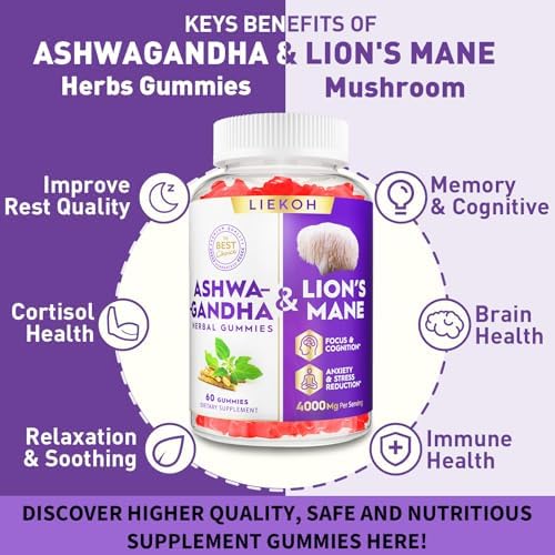 Gomitas de Ashwagandha Orgánicas - Gomitas de Ashwagandha y Melena de León para Adultos con 4 Hierbas Adaptógenas para Estrés, Cognición e Inmunidad - imagen 4