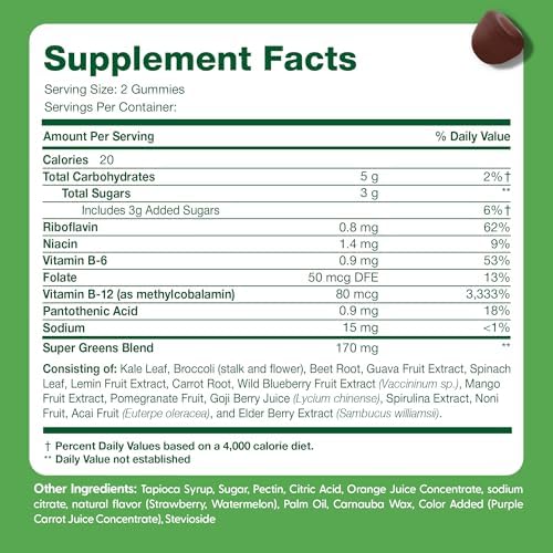 Gomitas Super Greens - Suplemento de Superalimentos Verdes con Espinaca, Brócoli, Col Rizada, Remolacha y Saúco para Apoyo Inmunológico - Sabor - imagen 5