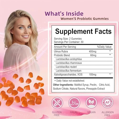 Gomitas Probióticas para Mujeres QZQHUA con Olmo Resbaladizo – Salud Vaginal, Salud Digestiva y Balance de pH, Sabor Piña – Sin Gluten, Veganas (30 - imagen 6