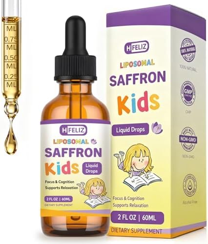 HFELIZ Gotas Líquidas Liposomales de Azafrán para Niños, Suplemento de Extracto de Azafrán con L-Teanina y Manzanilla, Enfoque, Relajación y - imagen 1