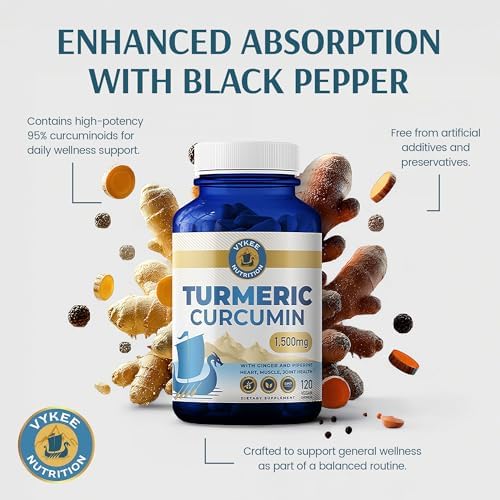 Cápsulas de Cúrcuma Curcumina Vykee Nutrition 2,000 mg con Jengibre y Piperina - Apoya Corazón, Músculos y Articulaciones - 95% Extracto de - imagen 7