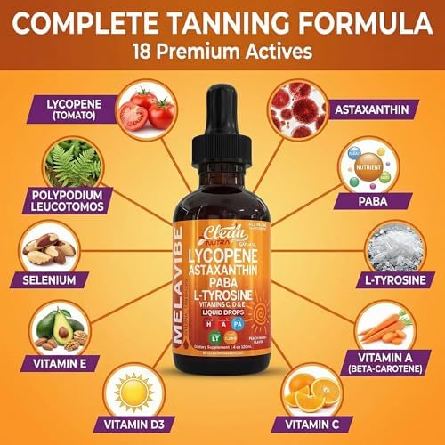 MelaVibe Gotas Internas para Bronceado Suplemento Astaxantina Licopeno PABA L-Tirosina Beta Caroteno Semilla de Uva Polipodio Leucotomos MSM Gotu - imagen 4