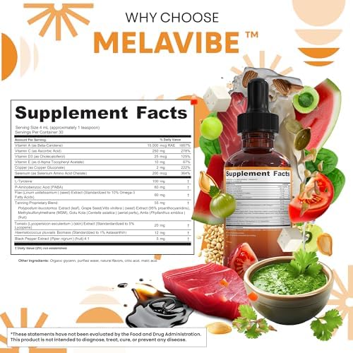 MelaVibe Gotas Internas para Bronceado Suplemento Astaxantina Licopeno PABA L-Tirosina Beta Caroteno Semilla de Uva Polipodio Leucotomos MSM Gotu - imagen 5