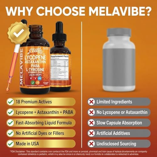 MelaVibe Gotas Internas para Bronceado Suplemento Astaxantina Licopeno PABA L-Tirosina Beta Caroteno Semilla de Uva Polipodio Leucotomos MSM Gotu - imagen 7