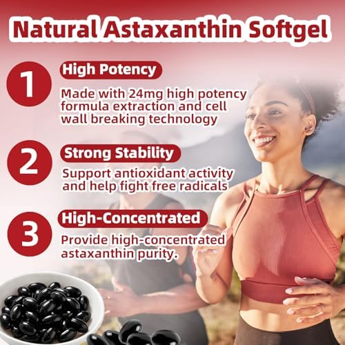 Astaxantina 24mg, Suplementos Antioxidantes Premium con Aceite MCT y Ashwagandha, Apoya Ojos, Piel, Inmunidad, Circulación Interna, Fuente de - imagen 2