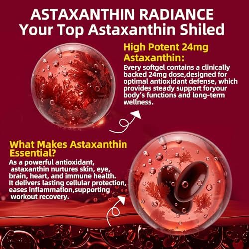 Astaxantina 24mg, Suplementos Antioxidantes Premium con Aceite MCT y Ashwagandha, Apoya Ojos, Piel, Inmunidad, Circulación Interna, Fuente de - imagen 6