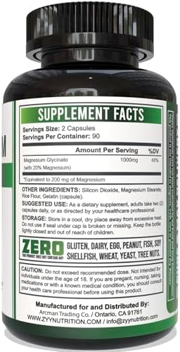Cápsulas de Magnesio Glicinato Puro ZYY 1000mg, Máxima Potencia, Suplemento Chelado para Sueño, Músculos, Cerebro, Huesos y Corazón, 180 Cápsulas - imagen 2