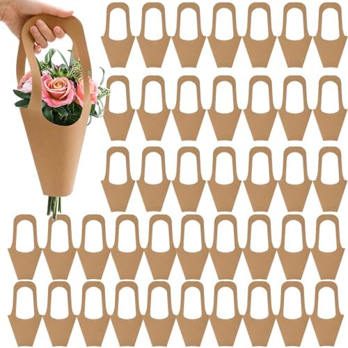 ZOOFOX Paquete de 50 Bolsas de Papel Kraft para Ramo de Flores con Asa, Bolsas de Regalo para Floristería, Embalaje para Arreglos Florales - imagen 1