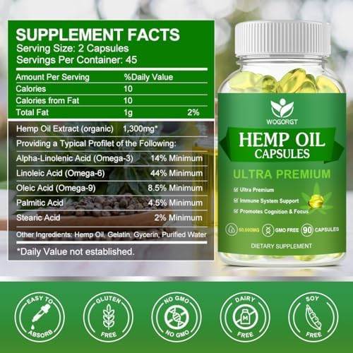 Cápsulas de Aceite de Cáñamo (2 Paquetes) - 60,000 Máxima Potencia, Soporte Inmunológico, Enfoque, Relajación, Ácidos Grasos Omega 3, 6, 9 - 90 - imagen 2