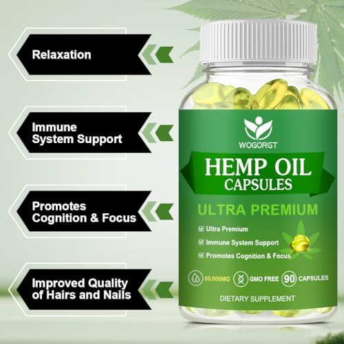 Cápsulas de Aceite de Cáñamo (2 Paquetes) - 60,000 Máxima Potencia, Soporte Inmunológico, Enfoque, Relajación, Ácidos Grasos Omega 3, 6, 9 - 90 - imagen 5