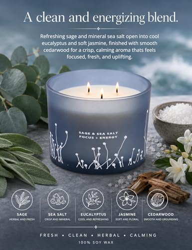 Vela Aromática de Sal Marina y Salvia - Vela de Soja Grande de 14.5 oz - Limpieza Energética para el Hogar, Alivio del Estrés para Mujeres y Hombres - imagen 2
