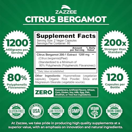 Zazzee Extracto de Bergamota Cítrica Extra Fuerte 200:1, 1200 mg, 80% Polifenoles, 120 Cápsulas Veganas, Apoyo al Corazón y Sistema Inmunológico, No - imagen 2