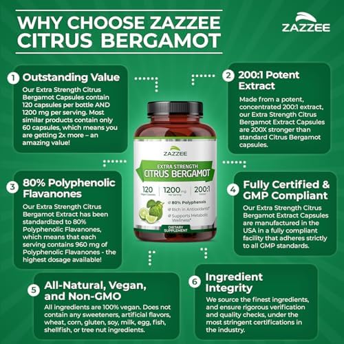 Zazzee Extracto de Bergamota Cítrica Extra Fuerte 200:1, 1200 mg, 80% Polifenoles, 120 Cápsulas Veganas, Apoyo al Corazón y Sistema Inmunológico, No - imagen 6