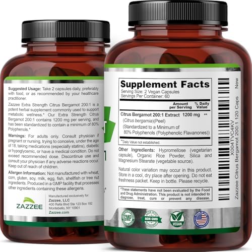 Zazzee Extracto de Bergamota Cítrica Extra Fuerte 200:1, 1200 mg, 80% Polifenoles, 120 Cápsulas Veganas, Apoyo al Corazón y Sistema Inmunológico, No - imagen 8