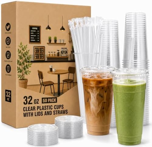 XUANPEILIN [50 JUEGOS] Vasos de plástico de 32 oz con tapa y popotes, ideales para café helado, batidos, jugos y más. - imagen 1